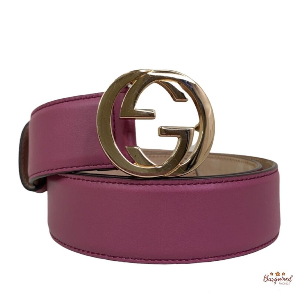 Authentic Gucci Pink Calfskin Leather Gold Interlocking G Buckle Belt 85/34